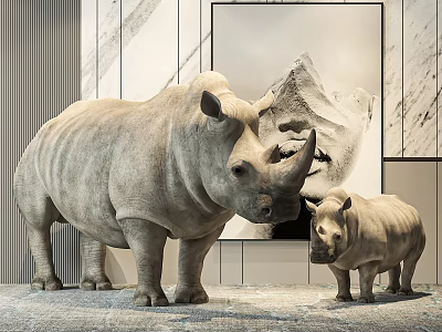 Adult and Baby Rhinoceros Decor In Modern Interior With Marble Wall And Art Painting 3d model