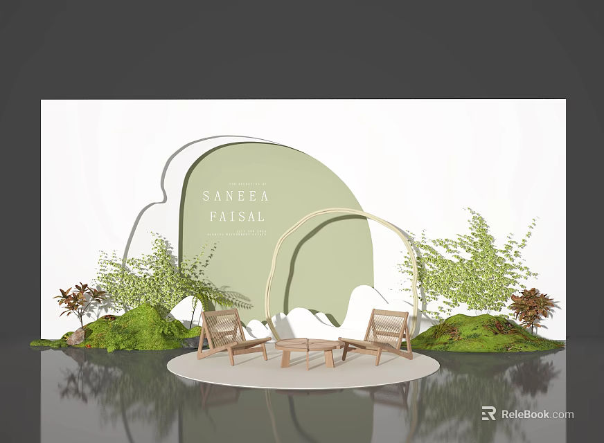 SALEHA FAISAL Window Display With Green Backdrop Arched Structure Chairs Table Green Plants And Grass 3d model 