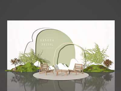 SALEHA FAISAL Window Display With Green Backdrop Arched Structure Chairs Table Green Plants And Grass 3d model