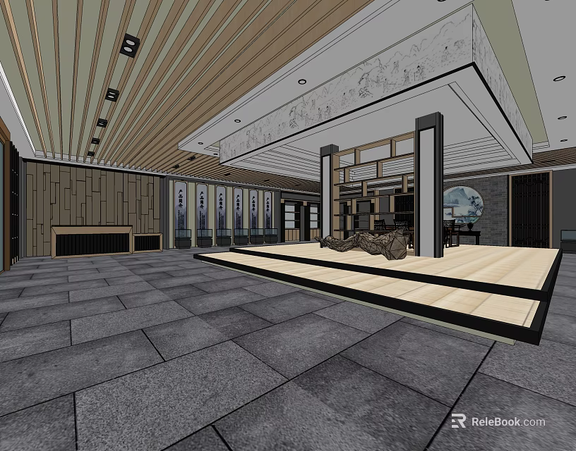 Chinese Style Specialty Store Interior With Wooden Grille Ceiling Stone Floor And Display Platform 3d model 