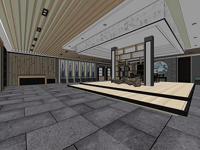 Chinese Style Specialty Store Interior With Wooden Grille Ceiling Stone Floor And Display Platform 3d model