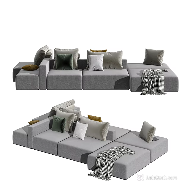 Modern Gray Sectional Modular Sofa With Multiple Soft Decorative Pillows And Blanket 3d model