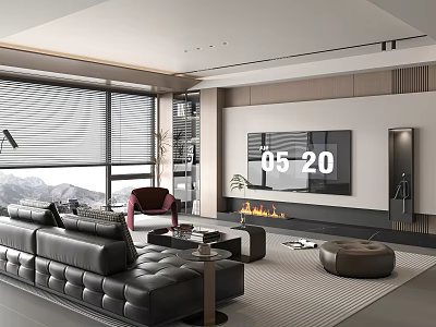 Modern Luxury Spacious Living Room With Black Leather Sofa Large TV And Electric Fireplace 3d model