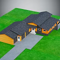 Single Story House Exterior With Gray Roof Yellow Garage White Door Windows And Green Lawn