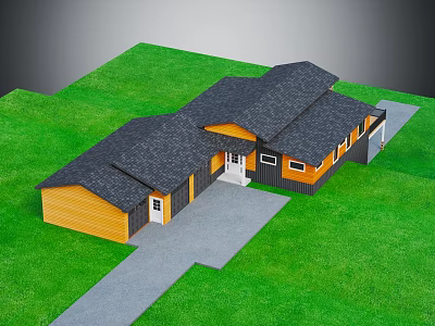 Single Story House Exterior With Gray Roof Yellow Garage White Door Windows And Green Lawn 3d model
