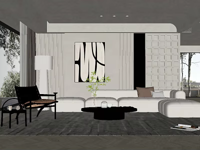 Modern Minimalist Living Room Features White Sectional Sofa Abstract Art And Black Round Coffee Table 3d model