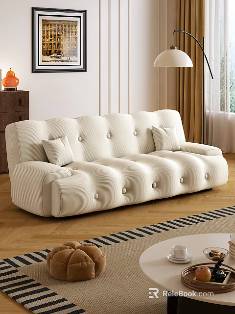 Modern White Multi Seater Sofa With Tufted Buttons And Throw Pillows On Wooden Floor 3d model 