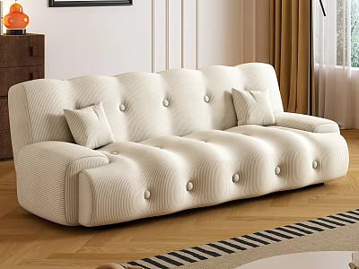 Modern White Multi Seater Sofa With Tufted Buttons And Throw Pillows On Wooden Floor 3d model