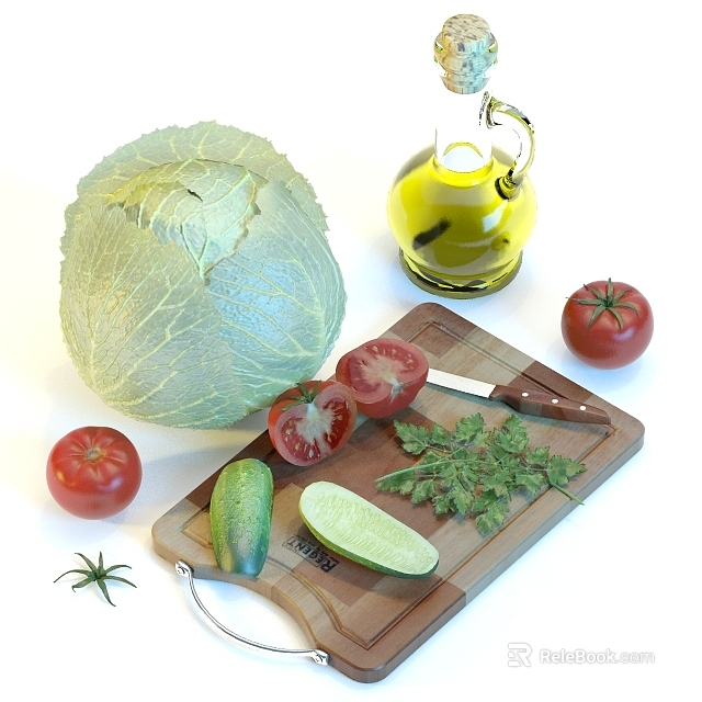 Fresh Vegetables Including Cabbage Tomatoes Cucumber Lime And Herbs On Cutting Board With Knife 3d model 