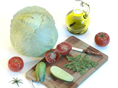 Fresh Vegetables Including Cabbage Tomatoes Cucumber Lime And Herbs On Cutting Board With Knife 3d model
