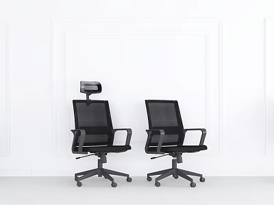 Two Black Office Chairs With Mesh Backrests Armrests And Wheels In White Room 3d model