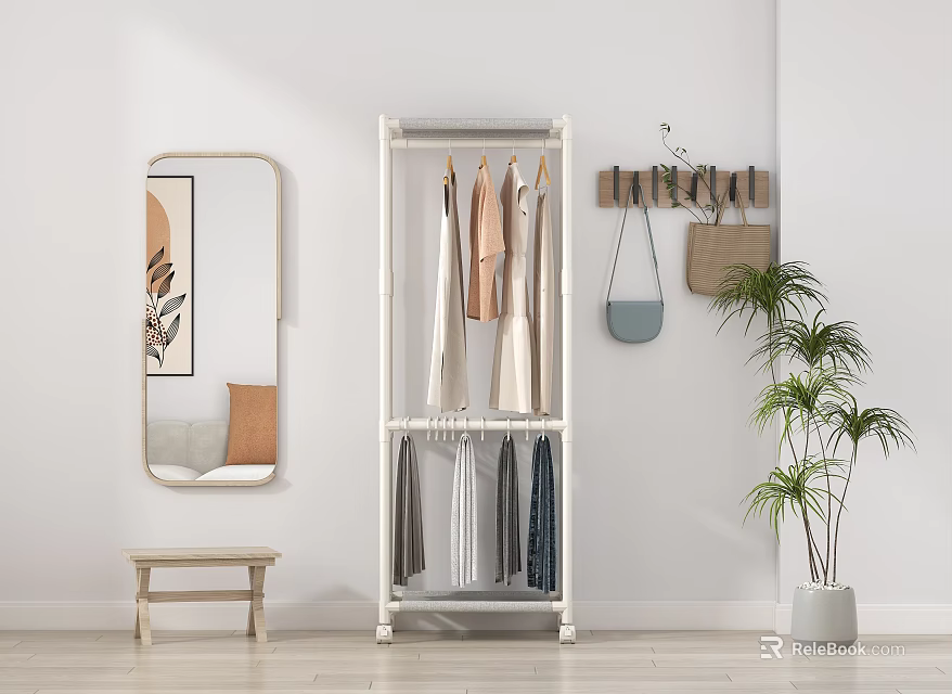 Clothing Rack With Hanging Clothes Near White Wall Mirror Small Stool And Potted Plant 3d model 