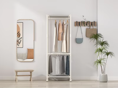 Clothing Rack With Hanging Clothes Near White Wall Mirror Small Stool And Potted Plant 3d model