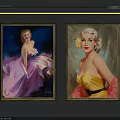 Vintage Portrait Paintings Featuring Women in Pink and Yellow Dresses with Blue Background