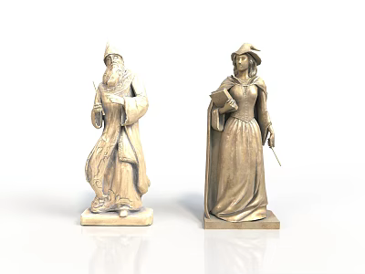 Two Stone Antique Robed Figure Sculptures Holding Scroll and Scepter on Pedestals 3d model