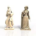 Two Stone Antique Robed Figure Sculptures Holding Scroll and Scepter on Pedestals