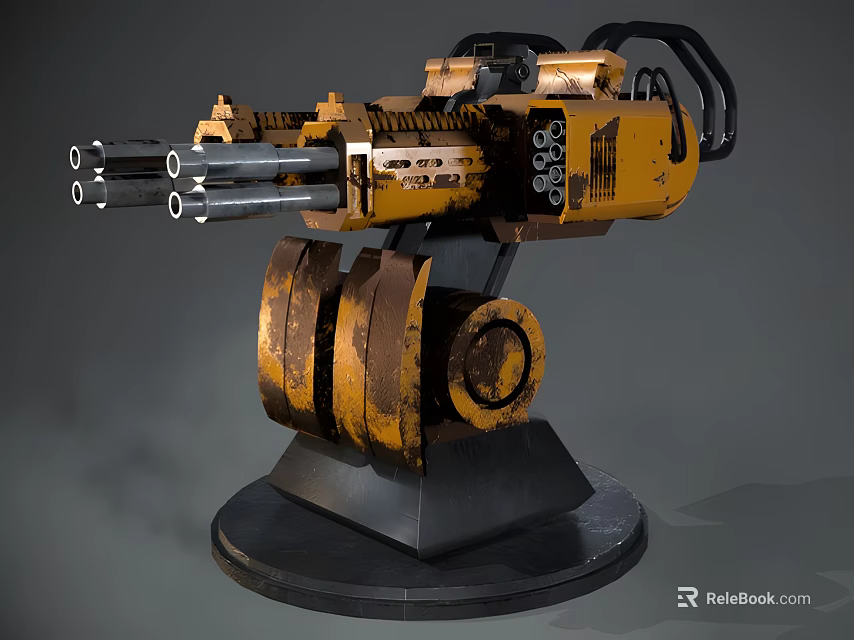 Heavy Duty Automatic Machine Gun With Multiple Barrels Yellow Rusty Mechanical Structure Base 3d model 