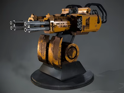 Heavy Duty Automatic Machine Gun With Multiple Barrels Yellow Rusty Mechanical Structure Base 3d model