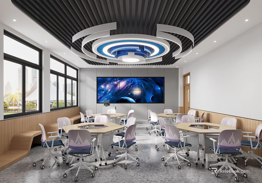 School Modern Classroom With Large Interactive Screen Tables Chairs And Natural Light 3d model 