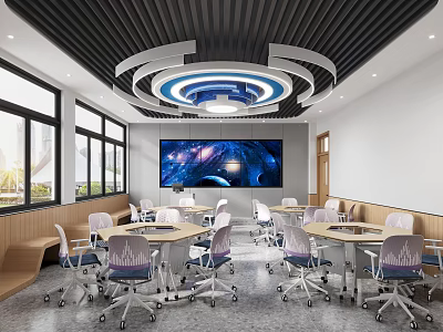 School Modern Classroom With Large Interactive Screen Tables Chairs And Natural Light 3d model