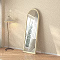 White Arched Floor Mirror in Beige Wall Room with Floor Lamp Wooden Floor and Curtains