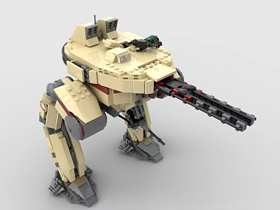 Beige Gray Building Blocks Walker Robot With Mechanical Legs And Cannon Weaponry 3d model
