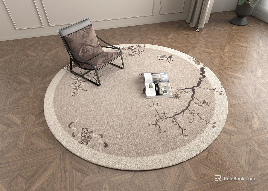 Round Area Rug With Light Brown Branch And Bird Patterns On Wooden Floor 3d model 