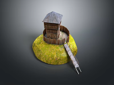 Scenic Small Island With Wooden Watchtower Green Grass And Staircase 3d model