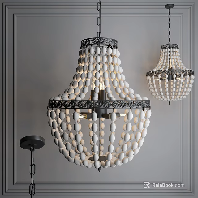 Modern Layered White Beaded Chandelier With Black Metal Frame And Ornate Design For Interior 3d model 