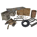 Rusty Metal Items Old Wooden Boards With Discarded Parts Barrel Wheel And Debris