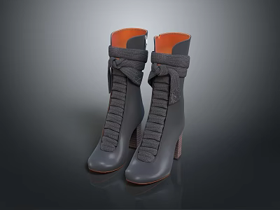Gray High Top Boots with Orange Lining Wooden Heel and Lace up Design 3d model