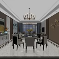 Modern Living and Dining Room Interior With Chandelier Sofa Mountain Painting And Area Rug
