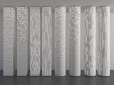 White Modern Decorative Columns With Various Perforated Cut Out Patterns For Interior Design 3d model
