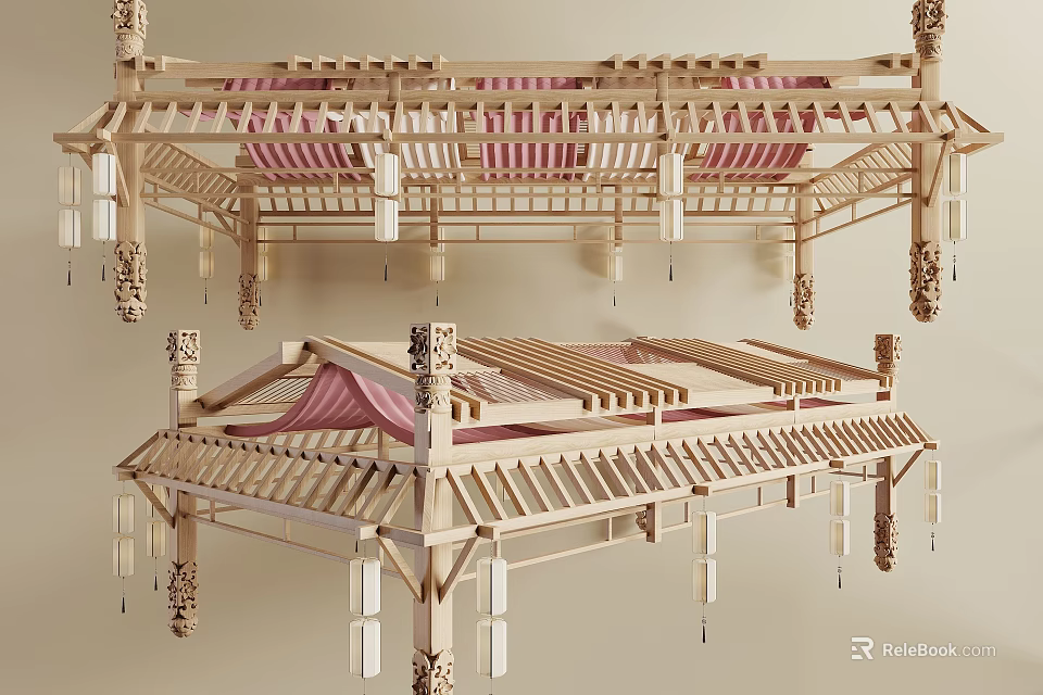 Traditional Chinese Ceiling Design With Wooden Beams Carvings And Hanging Lanterns 3d model 