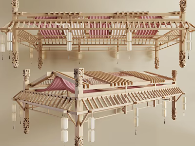 Traditional Chinese Ceiling Design With Wooden Beams Carvings And Hanging Lanterns 3d model