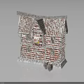 Red Brick Vintage Building With Weathered Roof And Small Barrels In Rustic Style
