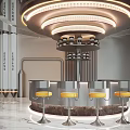 Modern Bar Interior With Round Counter Yellow Stools Circular Pendant Lights And Metal Pipe Decorations