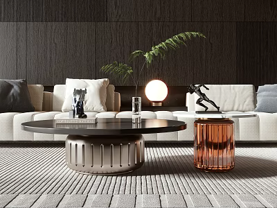 Modern Coffee Table With Black Top Silver Base White Sofa Green Plant Copper Side Table 3d model