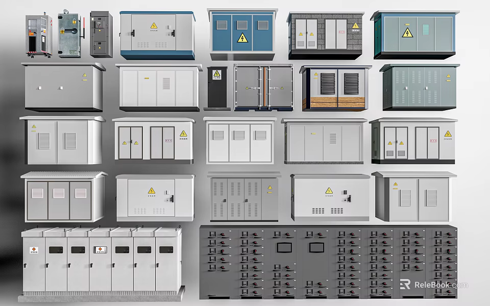 Various Public Facility Electrical Cabinets With Warning Signs And Diverse Door Designs 3d model 