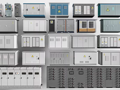 Various Public Facility Electrical Cabinets With Warning Signs And Diverse Door Designs 3d model