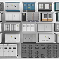 Various Public Facility Electrical Cabinets With Warning Signs And Diverse Door Designs