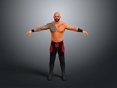 Shirtless Man With Tattoos In Black And Red Wrestling Pants Standing With Arms Outstretched 3d model