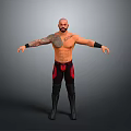 Shirtless Man With Tattoos In Black And Red Wrestling Pants Standing With Arms Outstretched