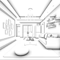 Modern Living and Dining Room Interior With Beige Sofa Coffee Table Patterned Rug Gold Chandelier