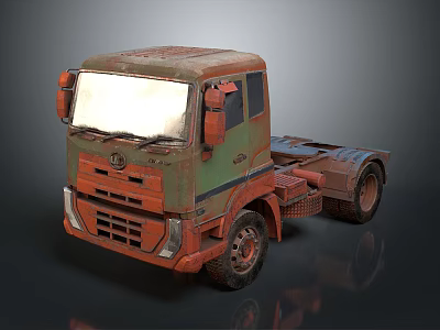 Old Rusty Green Red Truck Chassis With Front Cab And Headlights 3d model