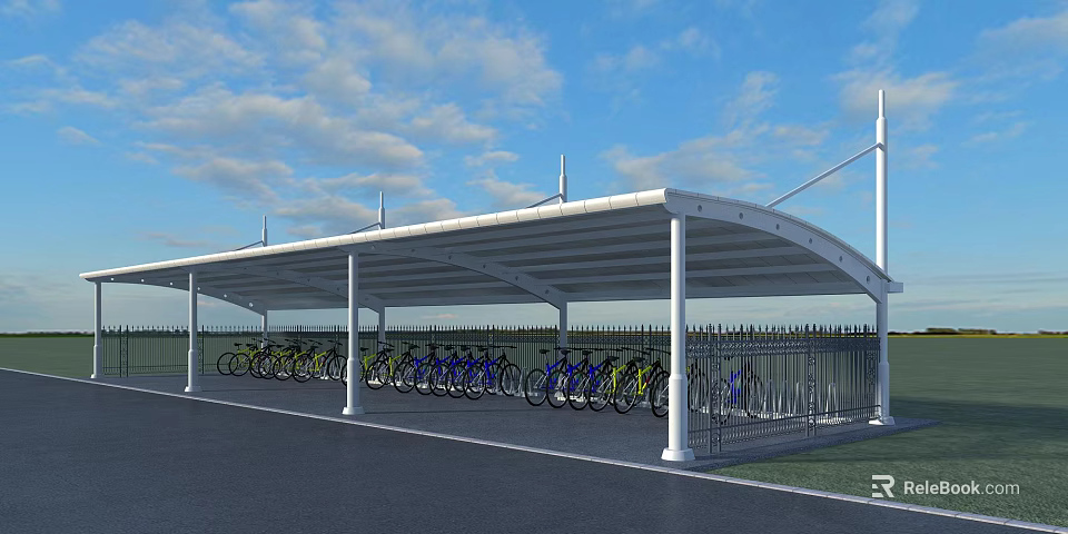 Bicycle Parking Shelter With White Columns And Parked Bicycles Under Blue Sky 3d model 