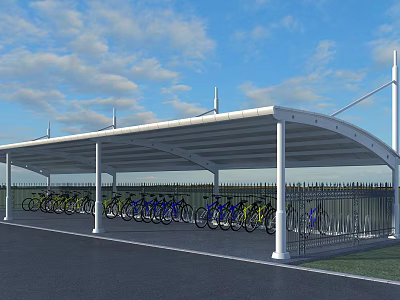 Bicycle Parking Shelter With White Columns And Parked Bicycles Under Blue Sky 3d model