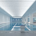 Modern Indoor Swimming Pool With Spacious Bright Interior Blue Walls And Lounge Chairs