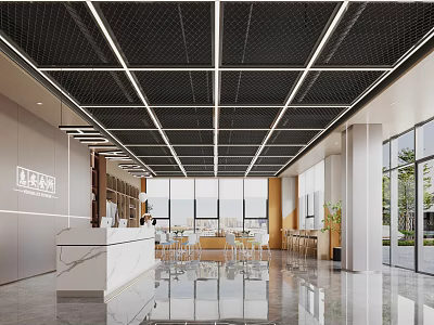 Modern Public Office Area With White Reception Desk And Large Windows 3d model