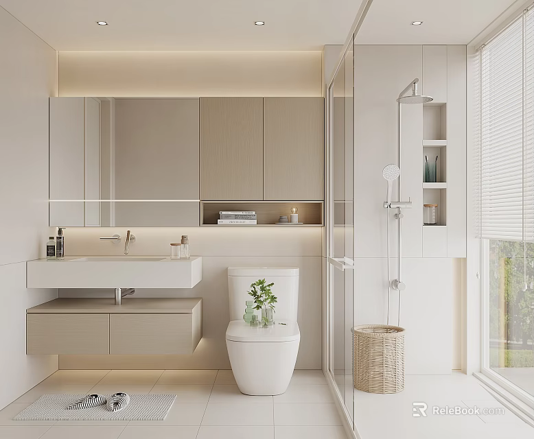 Modern Bathroom Design Featuring White Toilet Vanity Large Mirror Shower Area Blinds And Green Plant 3d model 